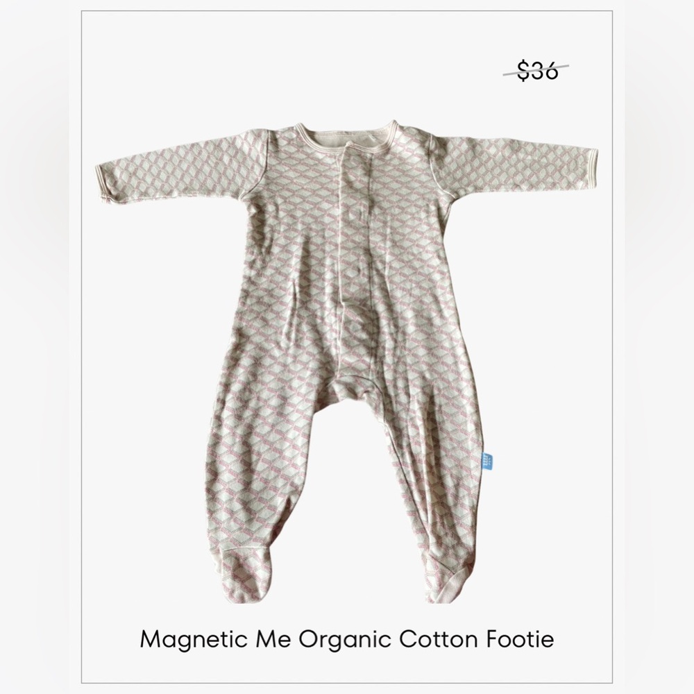 🎀 Magnetic Me - Feminine Organic Cotton Pink, Cream, and Grey Footie - 3-6 Mo